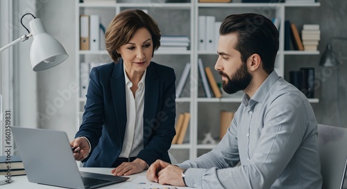 Middle-aged female manager giving feedback with a laptop open on the desk, male employee listening attentively, office with bookshelves, 35mm lens, clear focus on faces.