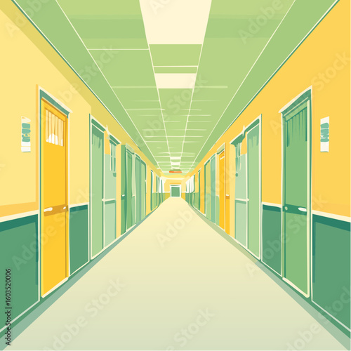 Long, straight hallway with yellow and green doors receding into the distance, illuminated by ceiling lights.