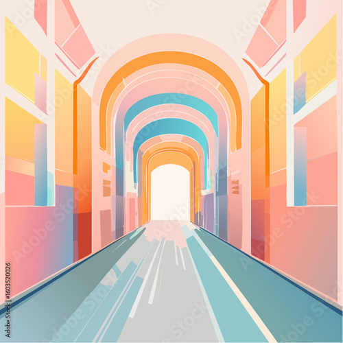 A stylized illustration of a long corridor with arches, bathed in pastel colors, leading to a bright light at the end.