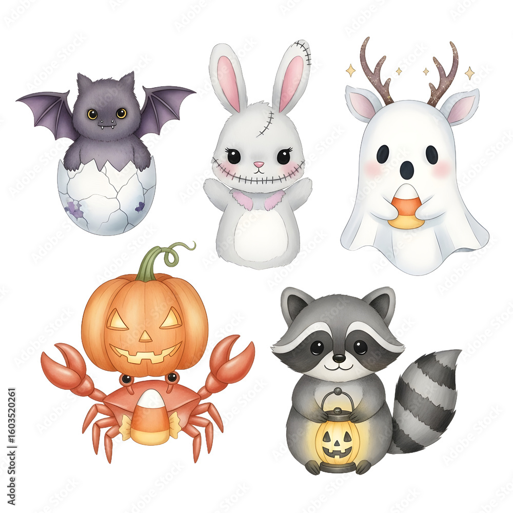 Naklejka premium Adorable Halloween characters bring spooky charm to your designs bat bunny ghost pumpkin raccoon festive