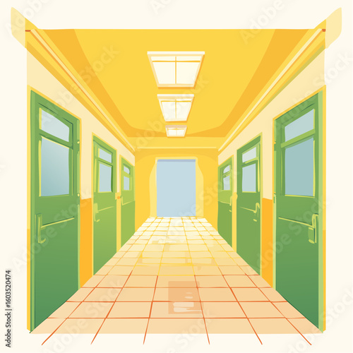 Illustration depicting a long, bright hallway with green doors lining the walls, leading to an open doorway revealing a blue sky.