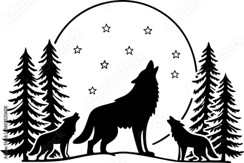 Solid silhouette of a wolf pack with one.