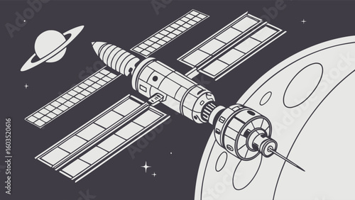 Space Station Orbiting a Planet and a Ringed Planet Illustration.