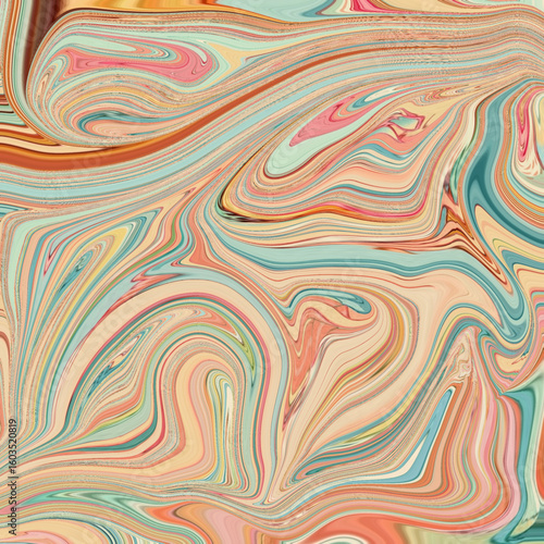 Pastel swirls in teal, peach, and coral create a soothing abstract flow of marbled color, perfect for backgrounds or artistic decor.
