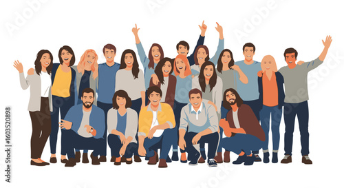Diverse smiling group celebrates together, radiating positivity and teamwork in a modern style
