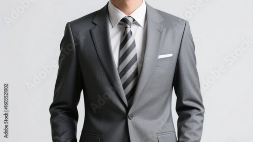 Man wearing a gray suit with a striped tie and white shirt