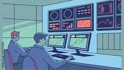 Two Men Monitoring Data on Multiple Screens in a Control Room.