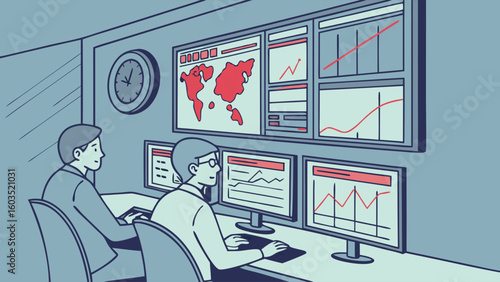 Two men monitoring data on screens in a control room.