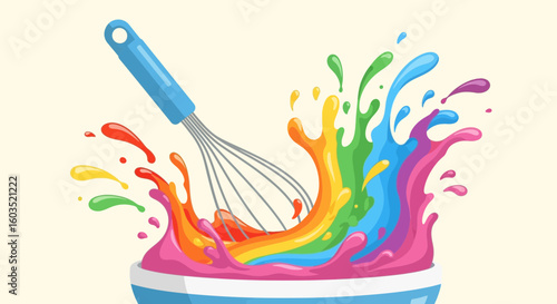Vibrant rainbow colored explosion created with a wire whisk in a blue bowl