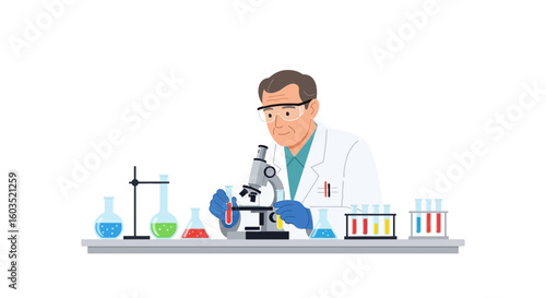 Scientist conducting research with a microscope and laboratory equipment in the lab