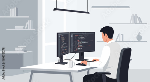 Illustration of a software developer working with two monitors and clean workspace minimalist and