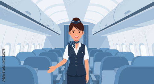 Illustration of a friendly stewardess in airplane offering a warm welcome onboard