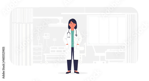 Female doctor in clinic illustration showcasing medical profession and healthcare setting