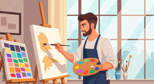 Man with a Beard painting art in a studio near a window full of daylight