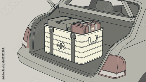 Car Trunk with First Aid Kit and Boxes Illustration.