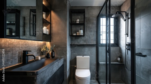 Modern, narrow bathroom with textured gray walls, black fixtures, and glass shower stall