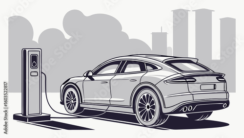 Electric SUV Charging at a Station in a Cityscape.