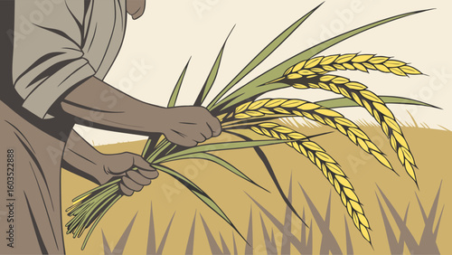 Farmer harvesting rice stalks in a field illustration.