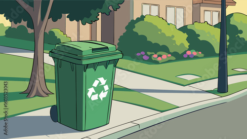Green Recycling Bin on Suburban Sidewalk.