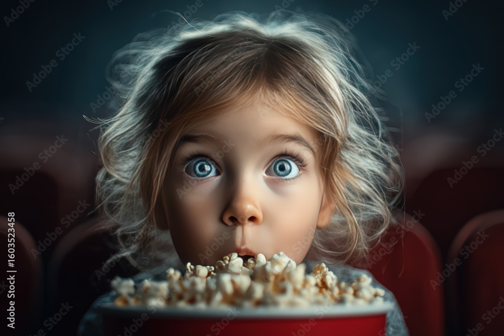 Naklejka premium Wide-eyed child enjoying popcorn in a dark movie theater, experiencing wonder and excitement during a cinema screening, captivating childhood moment, immersive cinematic experience