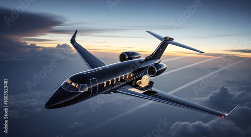 Luxury black private jet soaring through the sky at golden hour sunset