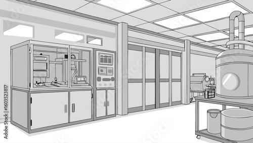 Modern Scientific Laboratory Interior with Equipment and Machinery.