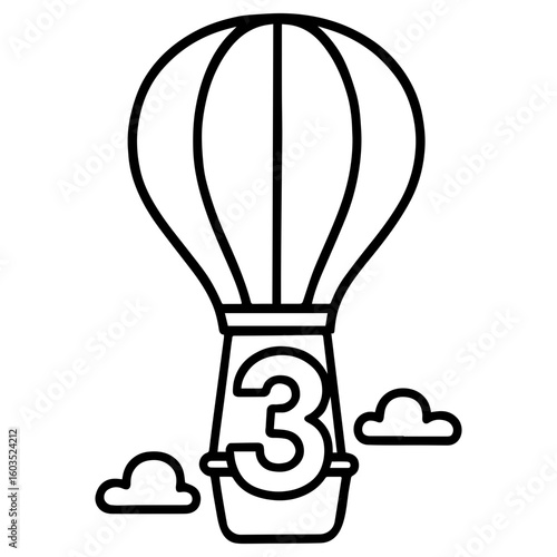 Hot air balloon carrying number 3 in basket – third birthday adventure party icon
