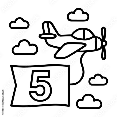 Airplane flying with banner showing number 5 – fifth birthday celebration icon
