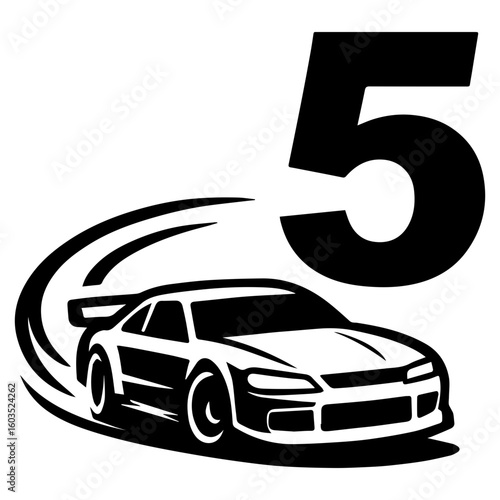 Race car drifting around number 5 – fifth birthday racing party icon
