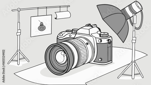 Studio Photography Setup with DSLR Camera and Lighting.