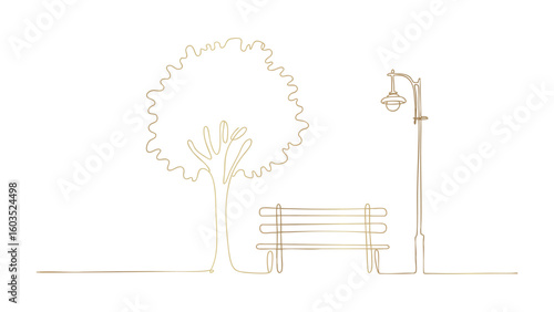 Park Bench One Line Drawing with Tree and Lamp Post Golden Outline on Transparent Backdrop