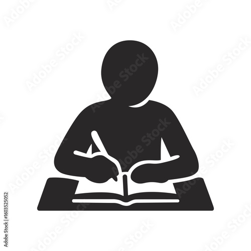 A black silhouette icon of a person writing in a book or journal, representing journaling or self-reflection through writing.