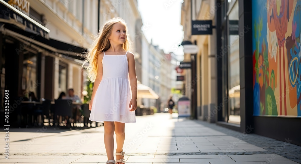 A young girl enjoys a sunlit walk through a charming European city street on a beautiful summer day A young girl enjoys a sunlit walk through a charming European city street on a beautiful summer day