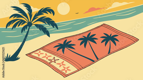 Beach Towel with Palm Trees Design at Sunset.