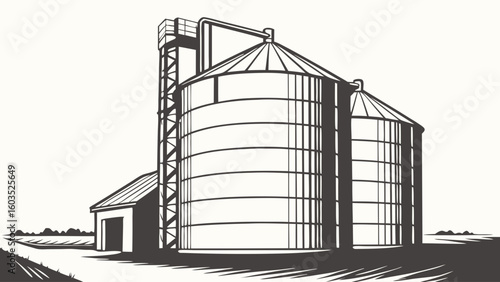 Black and White Illustration of Farm Silos and Storage Buildings.