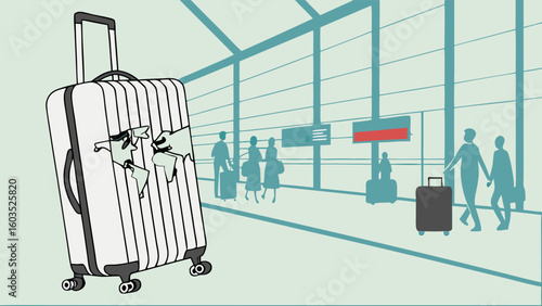 Damaged Suitcase with World Map Revealing Travel Aspirations.