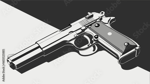 Detailed grayscale illustration of a handgun.