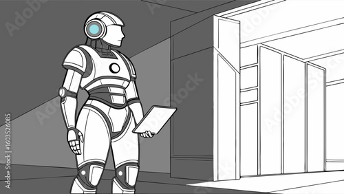 Futuristic Robot Holding Tablet in a Modern Architectural Setting.