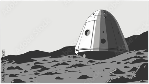 GrayScale Illustration of a Spaceship on a Rocky Planet.