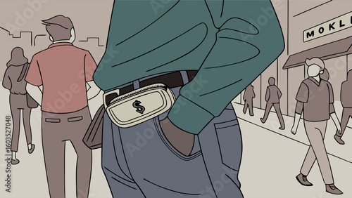 Person with Money Belt in City Street Scene.