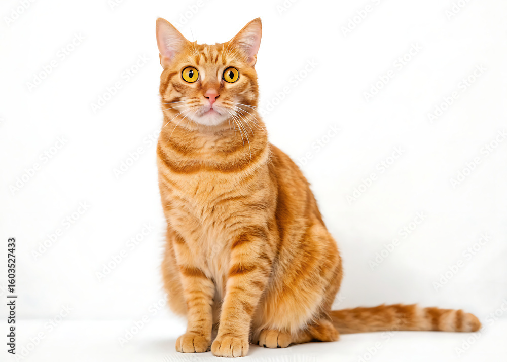 Fototapeta premium Orange tabby cat sitting upright on a white background with a curious and alert expression on its face