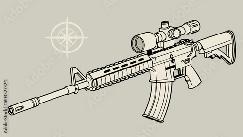Stylized AR15 Rifle with Scope and Compass Rose Illustration.