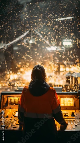 female factory worker operating a control panel in an industrial plant with glowing machinery and sparks flying