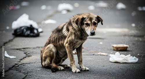 A poignant portrayal of a stray dog amidst the urban blight of littered streets