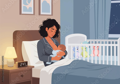A tired mother breastfeeding her baby in bed at night, in a cozy bedroom.