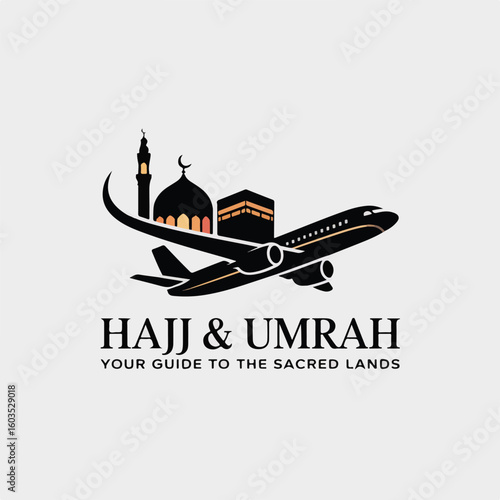 Islamic pilgrimage travel airplane Kaaba mosque minaret crescent moon hajj