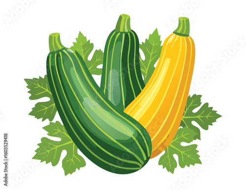 Green Yellow Zucchini Mix Leaves Harvest - Vector Illustration