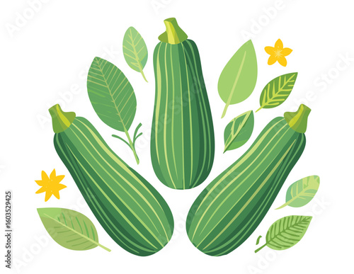 Fresh Zucchini Green Leaves Organic Garden - Vector Illustration