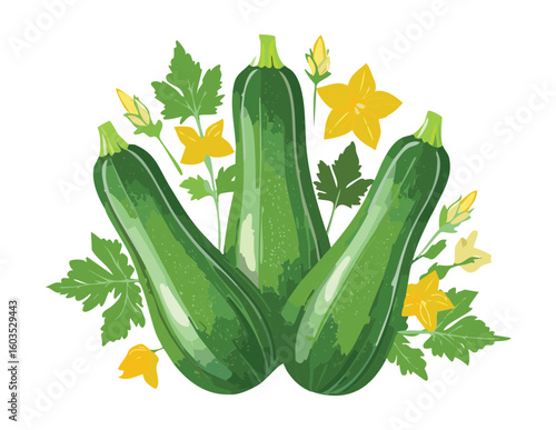 Green Zucchini Blossoms Leaves Fresh Produce - Vector Illustration