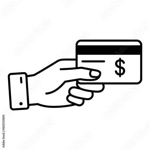 A human hand holding a credit card for a financial transaction, line icon.